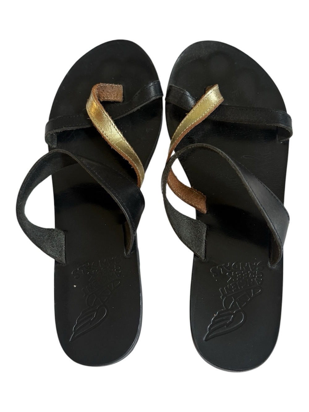 Ancient Greek Sandals Black & Gold Leather Asymmetrical Flat Sandals - Size 8